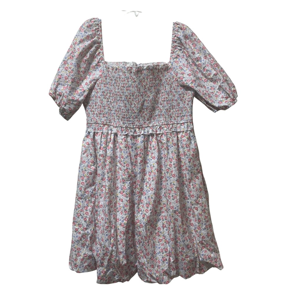 Altard State Floral Smocked Puff Sleeve Bubble Hem Mini Dress White XL D52111